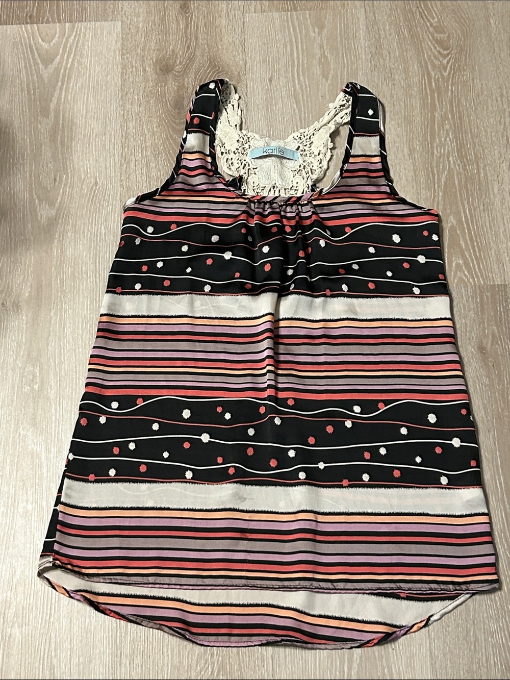 Karlie Striped Polka Dotted Tank Top w Lace Detailing Back sz Medium